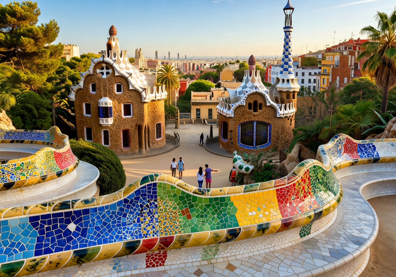 Beautiful view of Park Guell in Barcelona at sunset