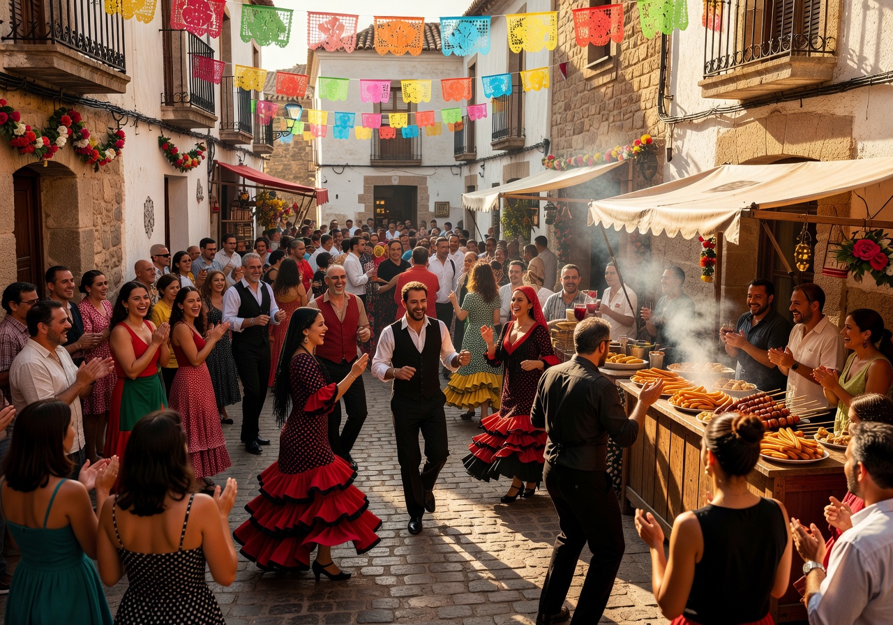 People enjoying a lively street festival in Spain