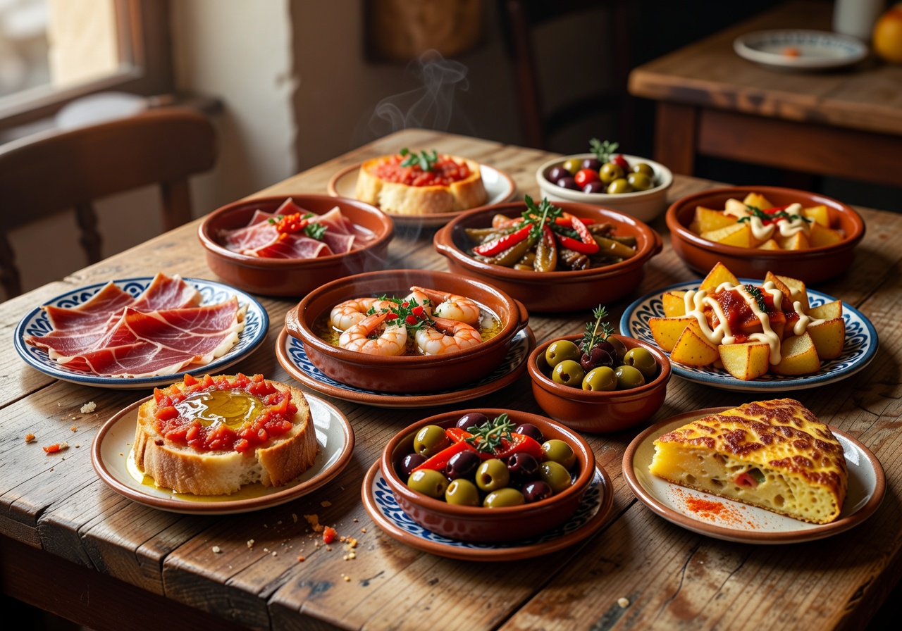 Spanish tapas on a wooden table